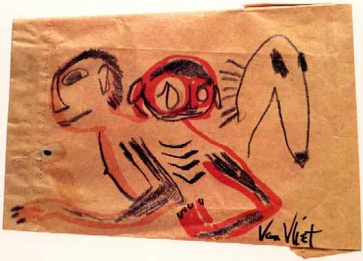 captain beefheart / don van vliet - shiny beast (bat
          chain puller) - back cover lp - drawing on breadbag